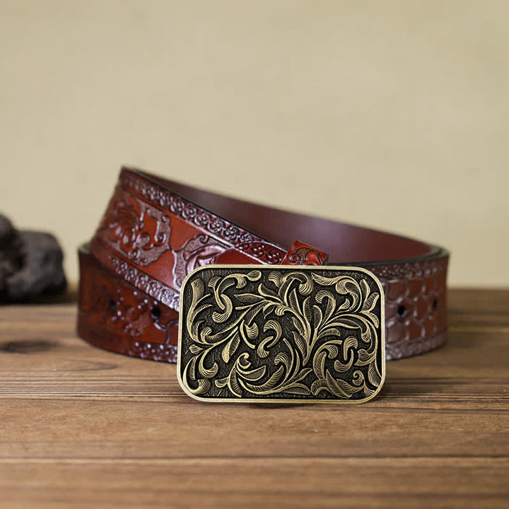 Men's DIY Art Leaves Scrollwork Buckle Leather Belt - Antique Bronze - Brown Carved Belt (40) - image 6