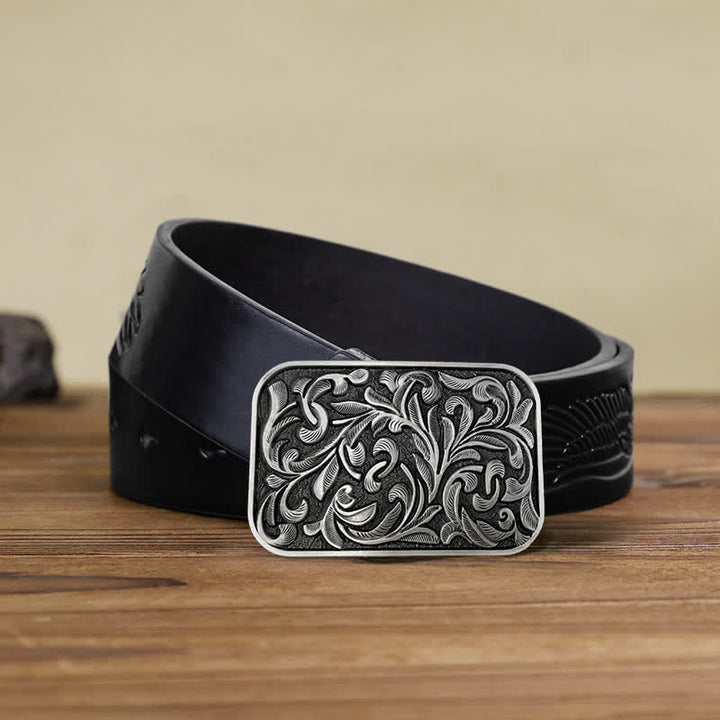 Men's DIY Art Leaves Scrollwork Buckle Leather Belt - Antique Silver - Black Embossed Eagle Belt (40) - image 14