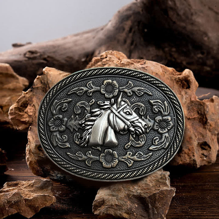 Men's DIY Western Horse Floral Buckle Leather Belt - Horse Head - Without Belt - image 0