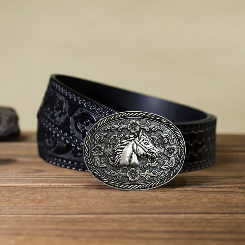 Men's DIY Western Horse Floral Buckle Leather Belt - Horse Head - Black Carved Belt (40) - image 6