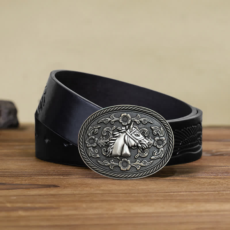 Men's DIY Western Horse Floral Buckle Leather Belt - Horse Head - Black Embossed Eagle Belt (40) - image 4