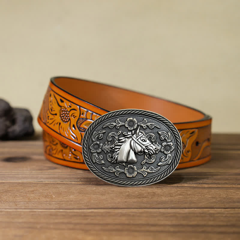 Men's DIY Western Horse Floral Buckle Leather Belt - Horse Head - Orange Carved Belt (40) - image 9