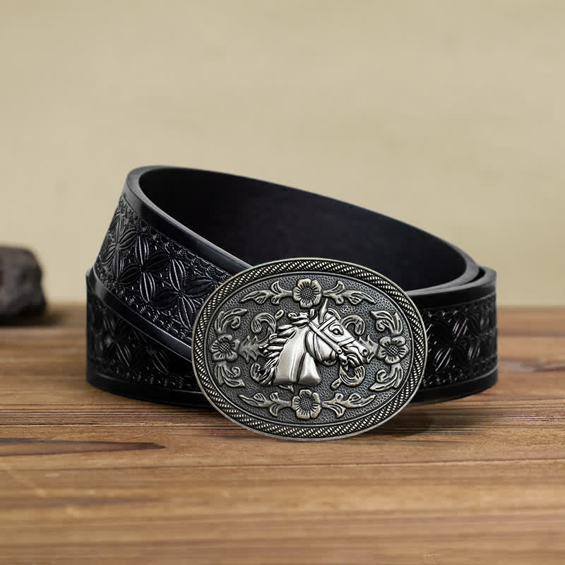 Men's DIY Western Horse Floral Buckle Leather Belt - Horse Head - Black Embossed Weave Belt (40) - image 5