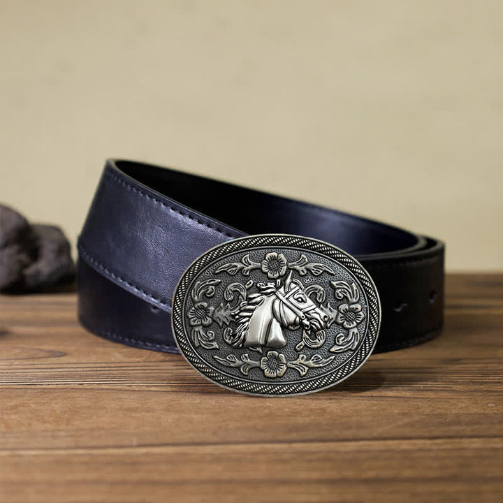 Men's DIY Western Horse Floral Buckle Leather Belt - Horse Head - Black PU Belt (40) - image 3