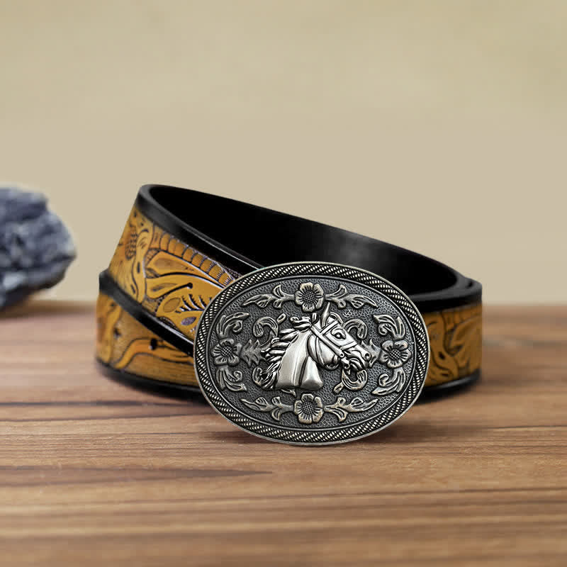 Men's DIY Western Horse Floral Buckle Leather Belt - Horse Head - SandyBrown Belt (40) - image 8