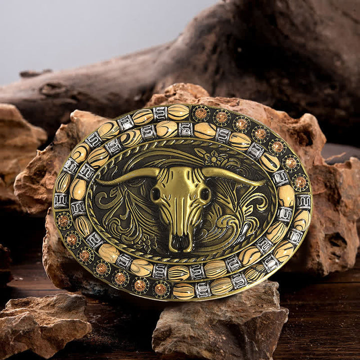 Men's DIY Gold Bull Head Beads Decor Buckle Leather Belt - Longhorn Bull - Without Belt - image 0