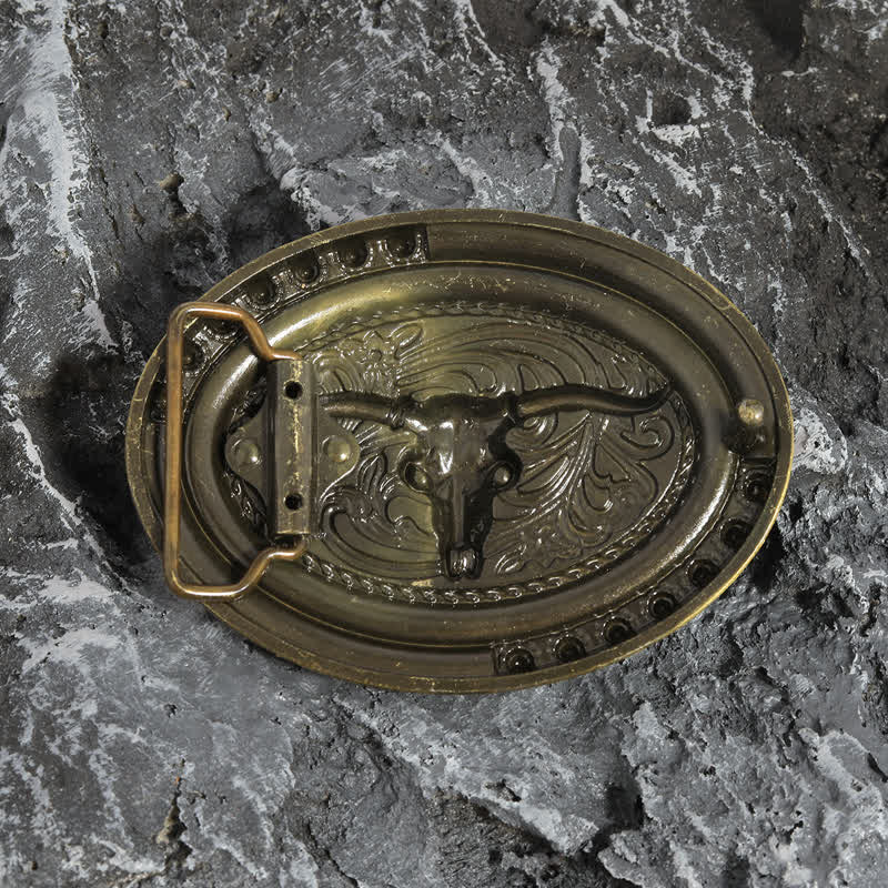 Men's DIY Gold Bull Head Beads Decor Buckle Leather Belt - image 1