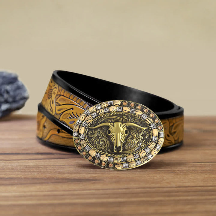 Men's DIY Gold Bull Head Beads Decor Buckle Leather Belt - Longhorn Bull - SandyBrown Belt (40) - image 8