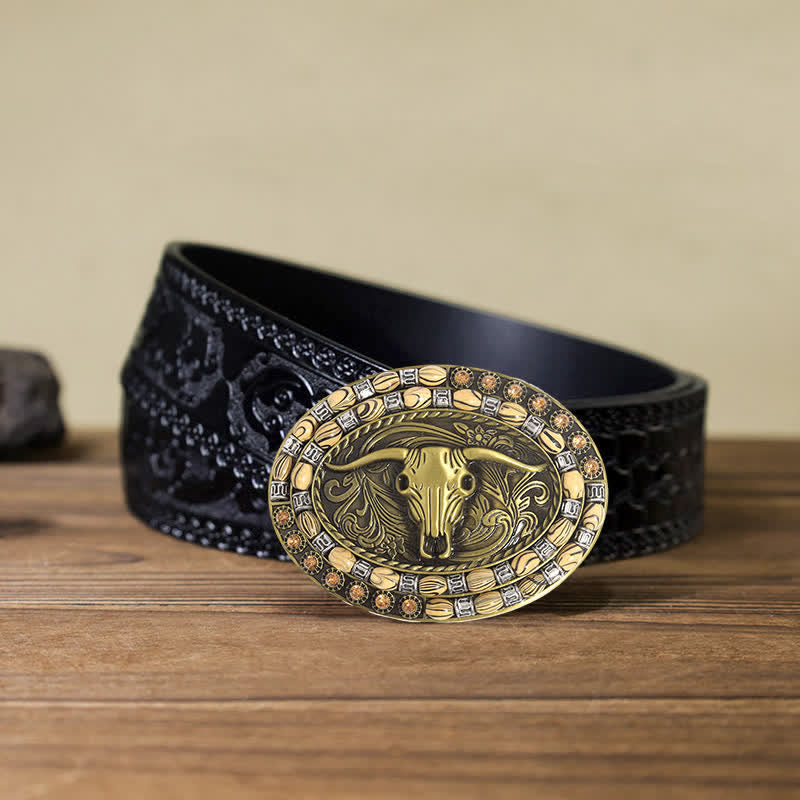 Men's DIY Gold Bull Head Beads Decor Buckle Leather Belt - Longhorn Bull - Black Carved Belt (40) - image 6