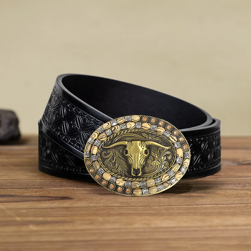 Men's DIY Gold Bull Head Beads Decor Buckle Leather Belt - Longhorn Bull - Black Embossed Weave Belt (40) - image 5