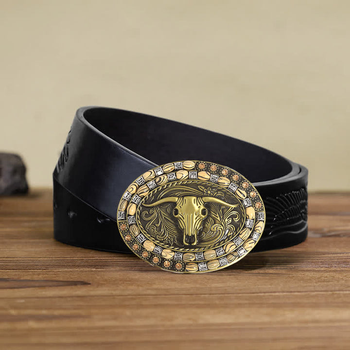 Men's DIY Gold Bull Head Beads Decor Buckle Leather Belt - Longhorn Bull - Black Embossed Eagle Belt (40) - image 4
