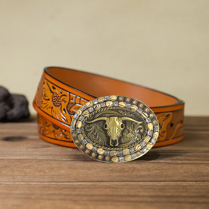 Men's DIY Gold Bull Head Beads Decor Buckle Leather Belt - Longhorn Bull - Orange Carved Belt (40) - image 9