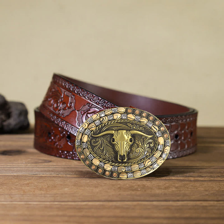 Men's DIY Gold Bull Head Beads Decor Buckle Leather Belt - Longhorn Bull - Brown Carved Belt (40) - image 7
