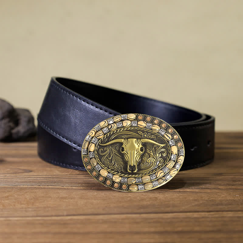 Men's DIY Gold Bull Head Beads Decor Buckle Leather Belt - Longhorn Bull - Black PU Belt (40) - image 3