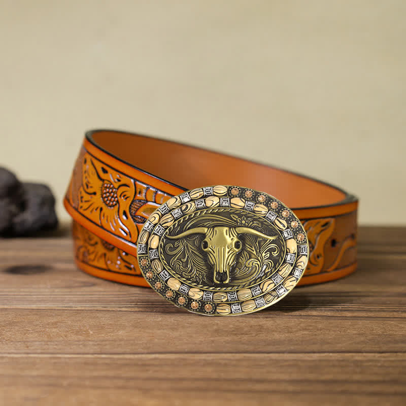 Men's DIY Gold Bull Head Beads Decor Buckle Leather Belt - Longhorn Bull - Orange Carved Belt (40) - image 9