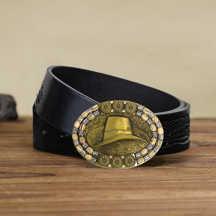 Men's DIY Gold Cowboy Hat Beads Decor Buckle Leather Belt - Cowboy Hat - Black Embossed Eagle Belt (40) - image 4