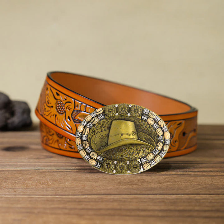 Men's DIY Gold Cowboy Hat Beads Decor Buckle Leather Belt - Cowboy Hat - Orange Carved Belt (40) - image 9
