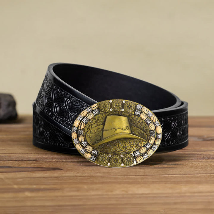 Men's DIY Gold Cowboy Hat Beads Decor Buckle Leather Belt - Cowboy Hat - Black Embossed Weave Belt (40) - image 5