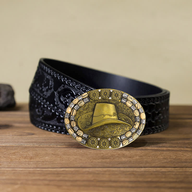 Men's DIY Gold Cowboy Hat Beads Decor Buckle Leather Belt - Cowboy Hat - Black Carved Belt (40) - image 6