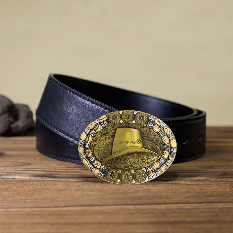 Men's DIY Gold Cowboy Hat Beads Decor Buckle Leather Belt - Cowboy Hat - Black PU Belt (40) - image 3