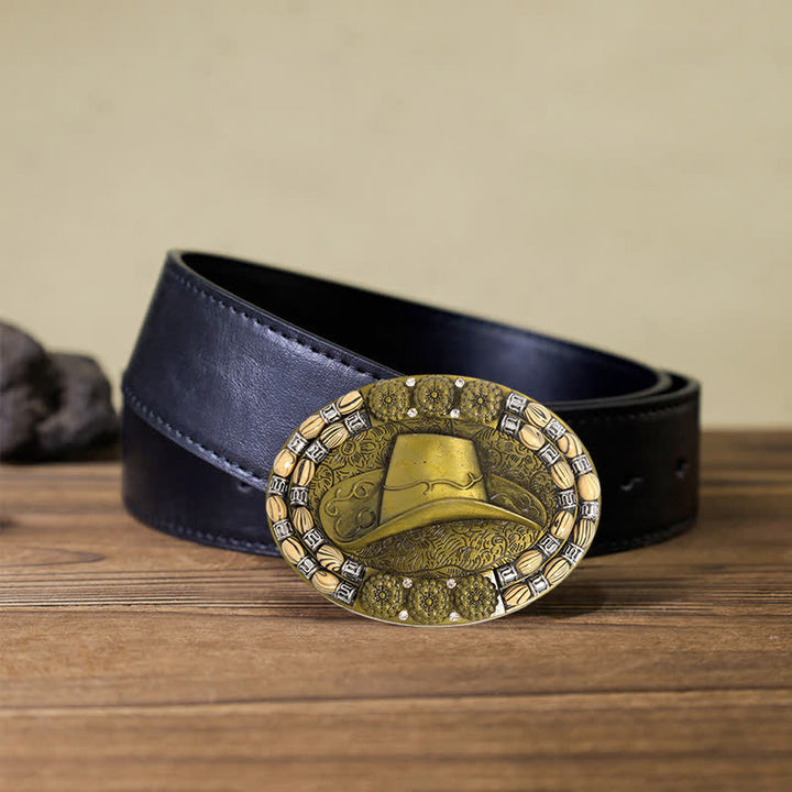 Men's DIY Gold Cowboy Hat Beads Decor Buckle Leather Belt - Cowboy Hat - Black PU Belt (40) - image 3