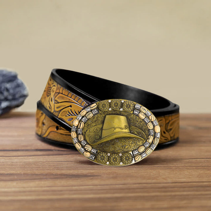 Men's DIY Gold Cowboy Hat Beads Decor Buckle Leather Belt - Cowboy Hat - SandyBrown Belt (40) - image 8