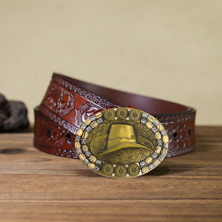 Men's DIY Gold Cowboy Hat Beads Decor Buckle Leather Belt - Cowboy Hat - Brown Carved Belt (40) - image 7