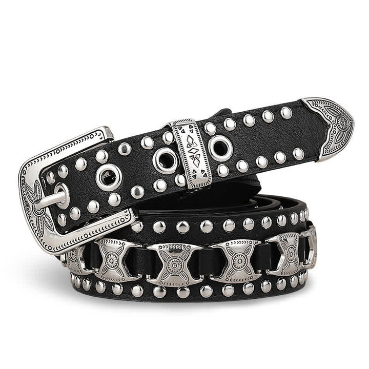 Western Concho Rivet Carved Buckle Leather Belt - Black - 34 - image 0