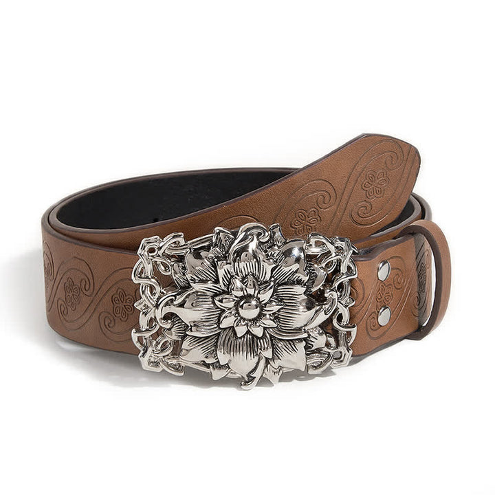 Women's Camel Tone Floral Buckle Leather Belt - Camel - 34 - image 0