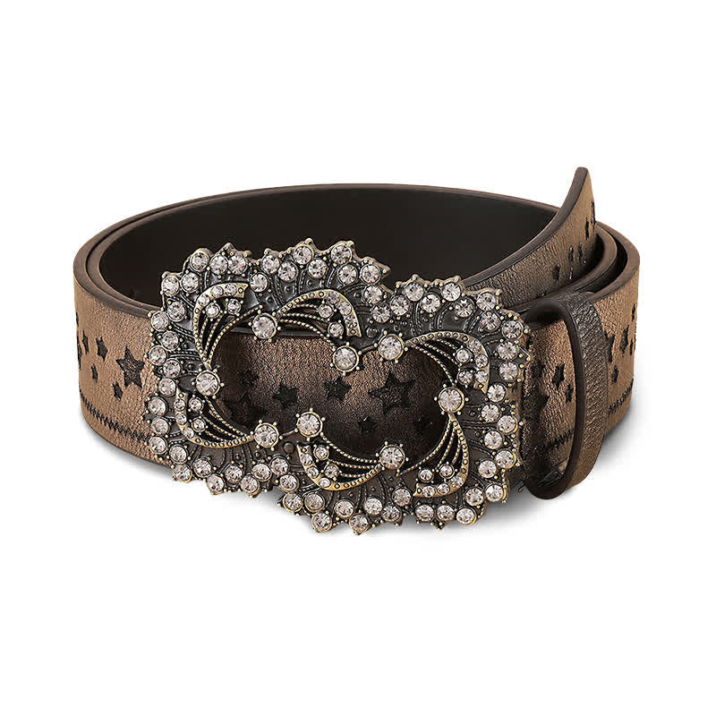 Women's Rhinestone Pentagram Embossing Leather Belt - Tan - 30 - image 0