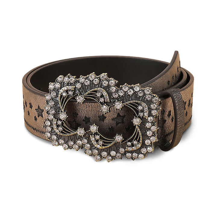 Women's Rhinestone Pentagram Embossing Leather Belt - Tan - 30 - image 0