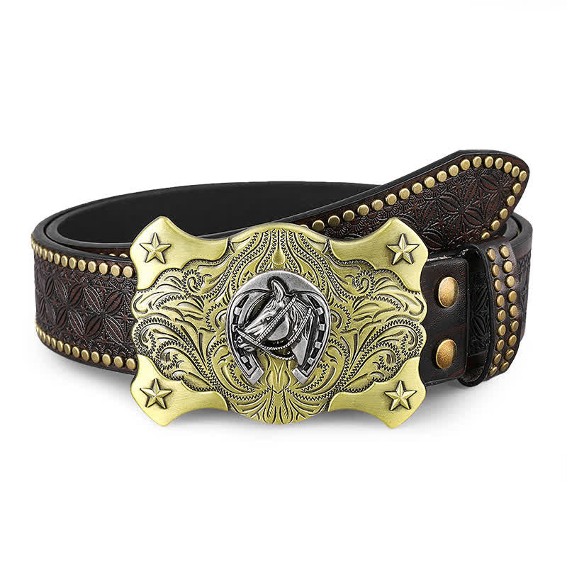 Men's Western Horse Relief Rivet Studded Leather Belt - Horse Head - 42 - image 0