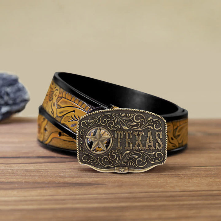Men's DIY Texas Hollow Pentagrame Buckle Leather Belt - Antique Bronze - SandyBrown Belt (40) - image 9