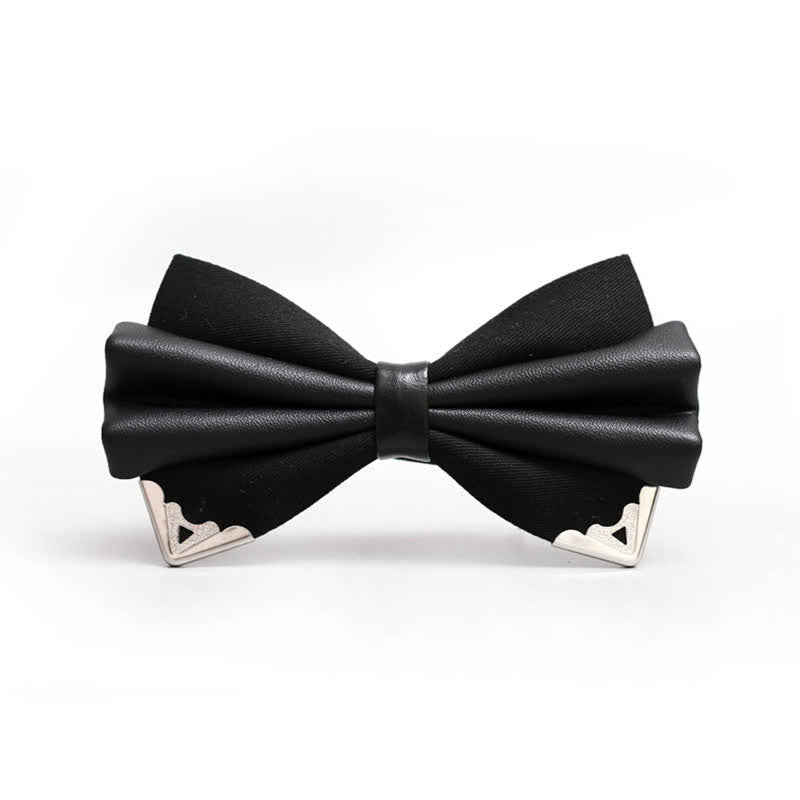 Men's Double Layer Faux Leather Golden Tipped Bow Tie - Black & Silver - image 3
