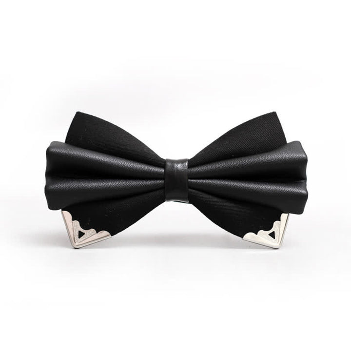Men's Double Layer Faux Leather Golden Tipped Bow Tie - Black & Silver - image 3
