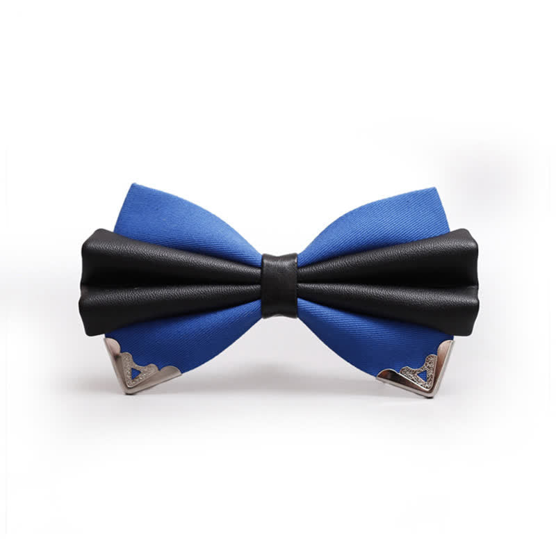 Men's Double Layer Faux Leather Golden Tipped Bow Tie - Royal & Silver - image 11