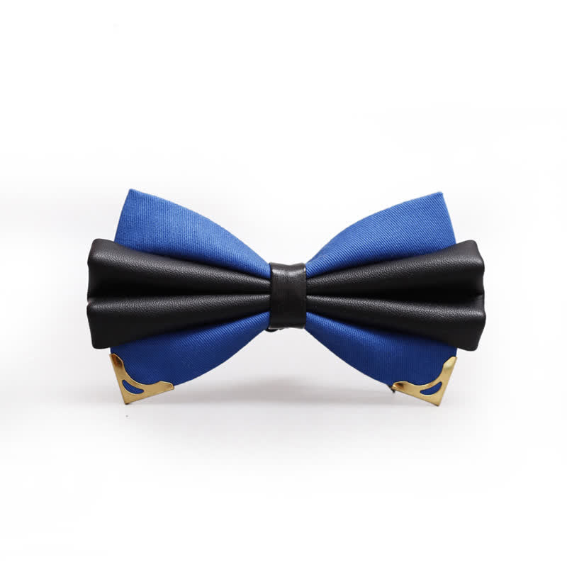 Men's Double Layer Faux Leather Golden Tipped Bow Tie - Royal & Gold - image 10