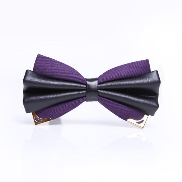 Men's Double Layer Faux Leather Golden Tipped Bow Tie - Purple & Gold - image 12