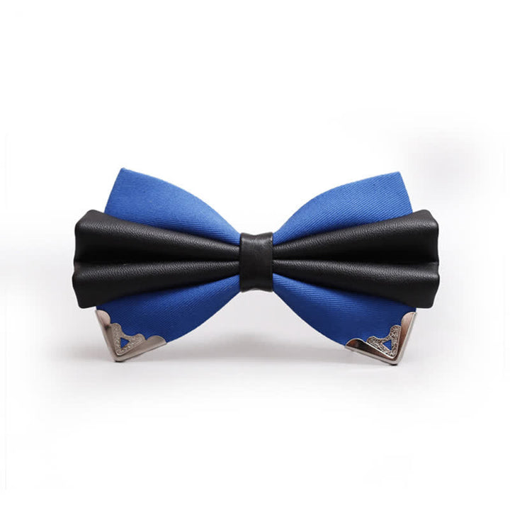 Men's Double Layer Faux Leather Golden Tipped Bow Tie - Royal & Silver - image 11