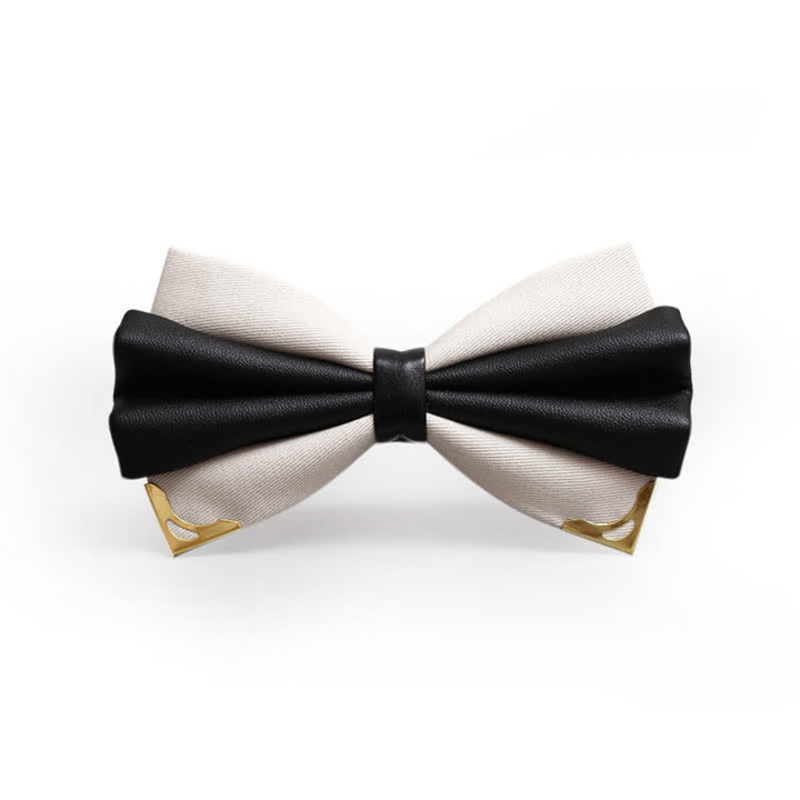 Men's Double Layer Faux Leather Golden Tipped Bow Tie - White & Gold - image 16