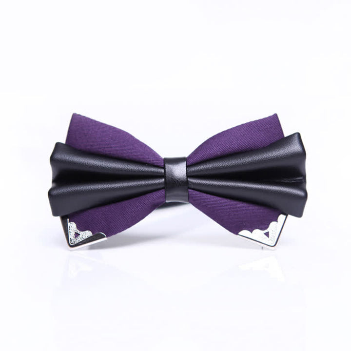 Men's Double Layer Faux Leather Golden Tipped Bow Tie - Purple & Silver - image 13