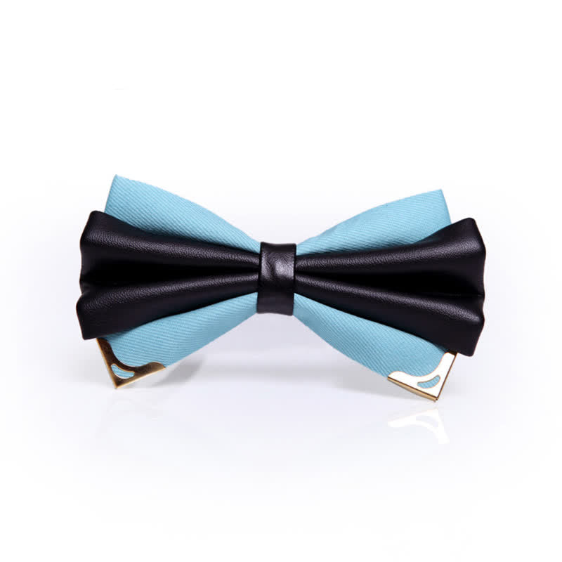 Men's Double Layer Faux Leather Golden Tipped Bow Tie - SkyBlue & Gold - image 19