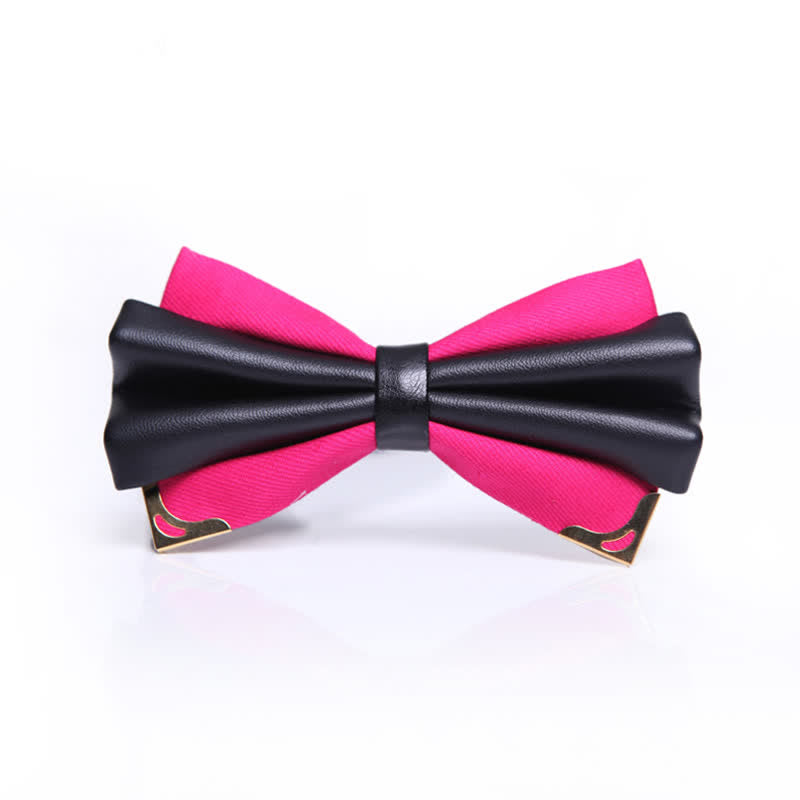 Men's Double Layer Faux Leather Golden Tipped Bow Tie - HotPink & Gold - image 18