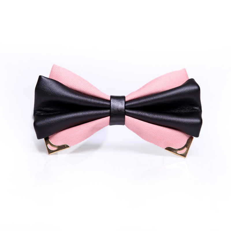 Men's Double Layer Faux Leather Golden Tipped Bow Tie - Pink & Gold - image 17