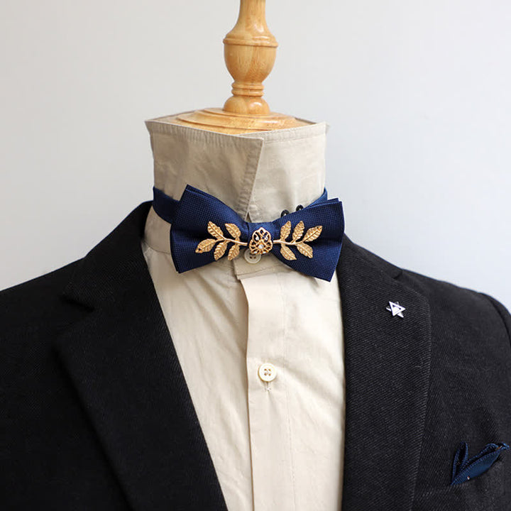 Men's Golden Leaves Flower Ornament Bow Tie - Navy - image 0