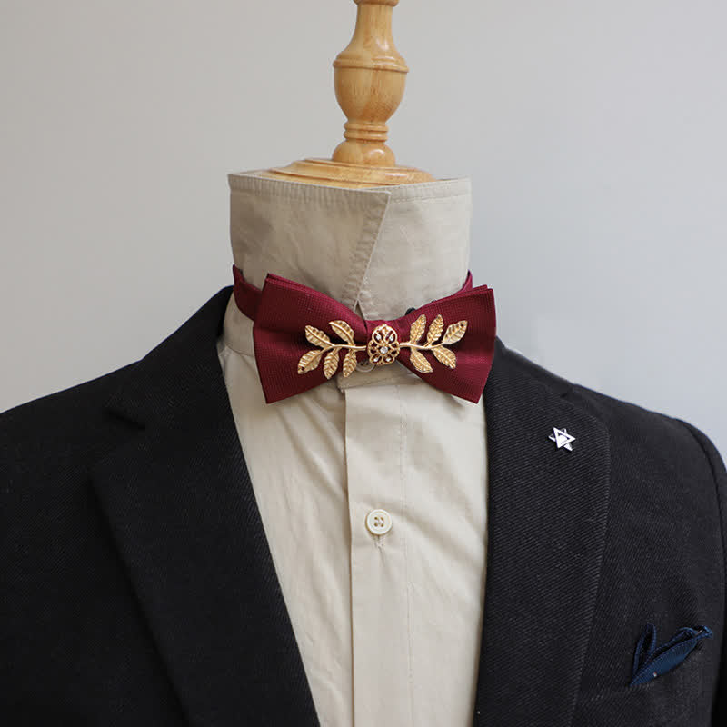 Men's Golden Leaves Flower Ornament Bow Tie - Red - image 3