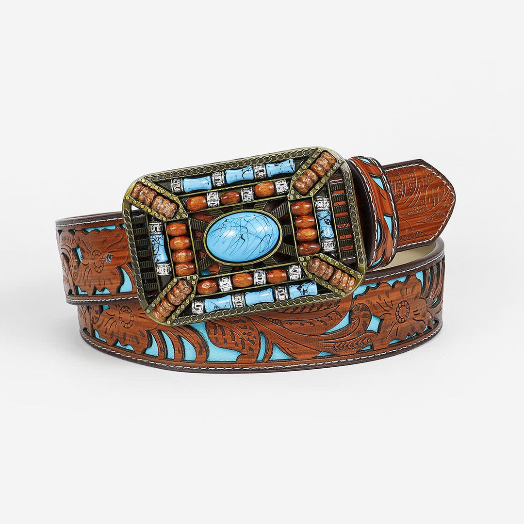 Women's Turquoise Wood Bead Buckle Engraved Leather Belt - Turquoise - 36 - image 0