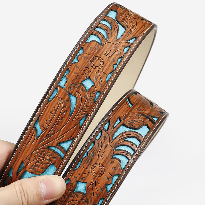 Women's Turquoise Wood Bead Buckle Engraved Leather Belt - image 4