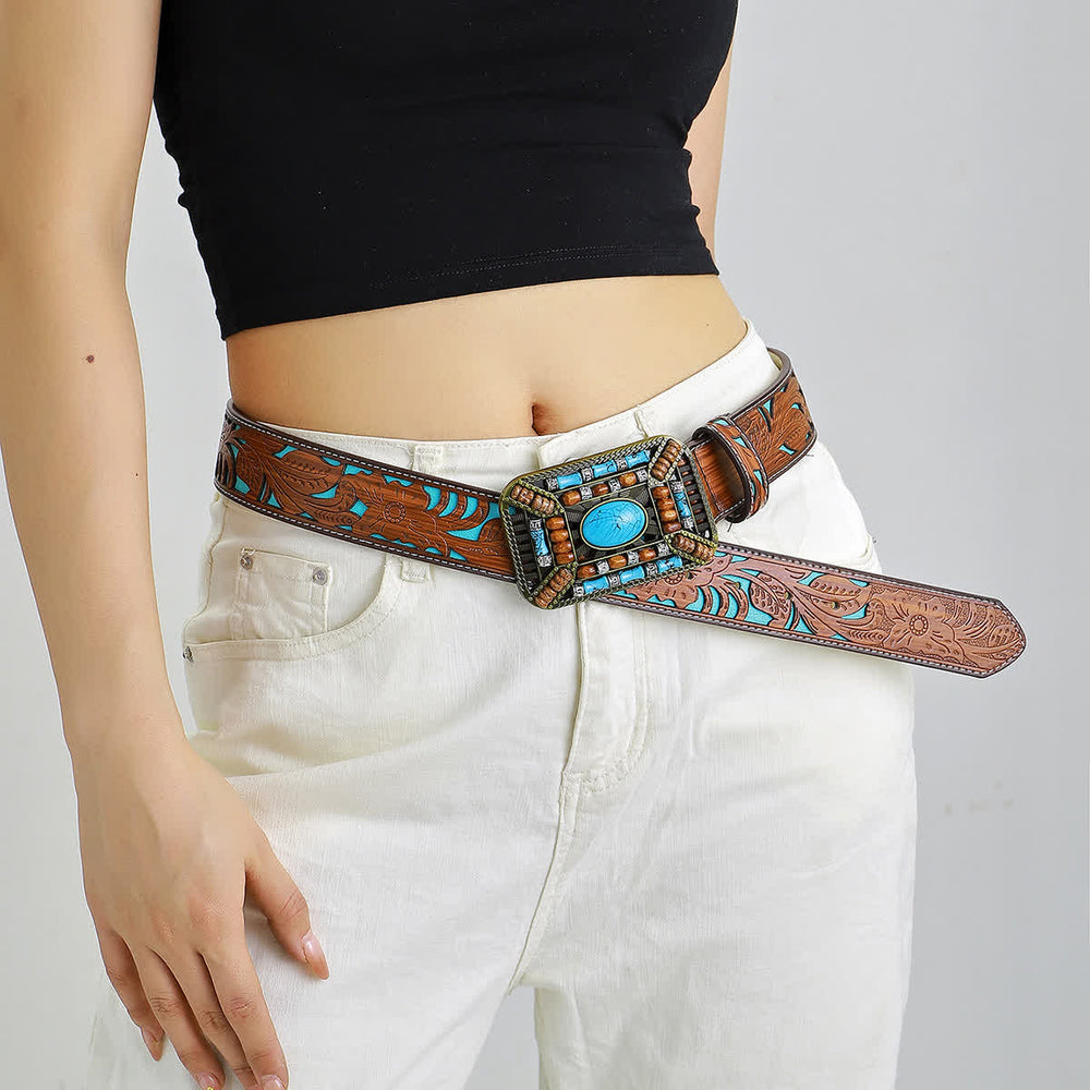 Women's Turquoise Wood Bead Buckle Engraved Leather Belt - image 1