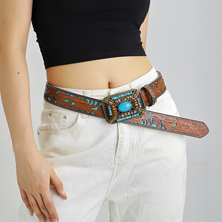 Women's Turquoise Wood Bead Buckle Engraved Leather Belt - image 1